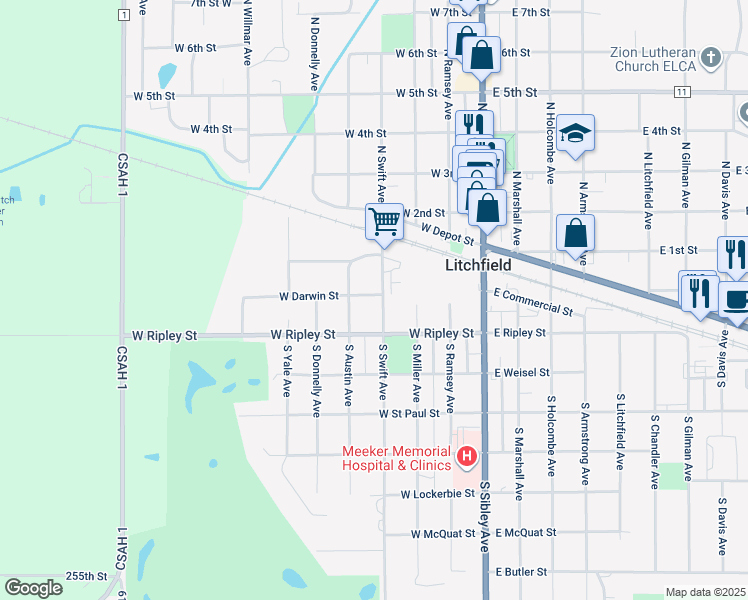 map of restaurants, bars, coffee shops, grocery stores, and more near 202 South Swift Avenue in Litchfield