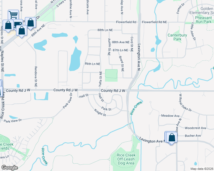 map of restaurants, bars, coffee shops, grocery stores, and more near 4057 85th Avenue Northeast in Saint Paul