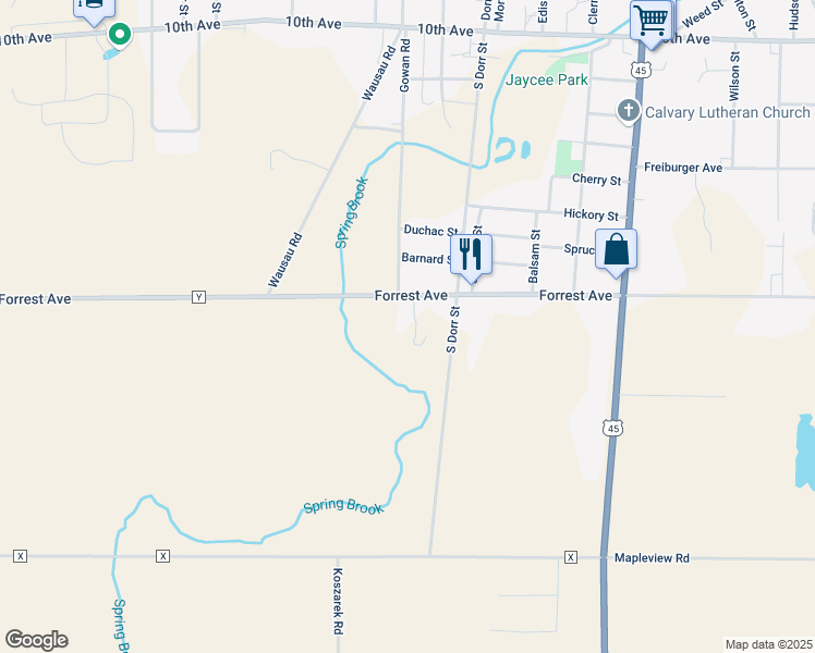 map of restaurants, bars, coffee shops, grocery stores, and more near 1047 Forrest Avenue in Antigo