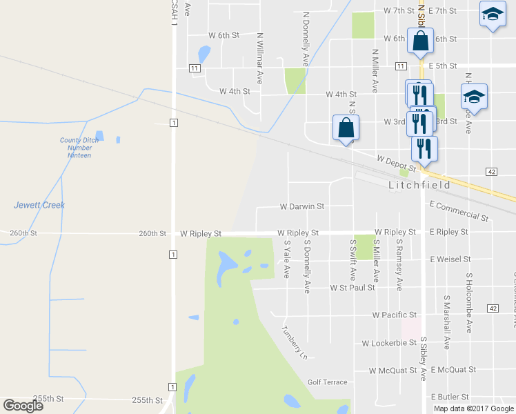 map of restaurants, bars, coffee shops, grocery stores, and more near 613 West Darwin Street in Litchfield