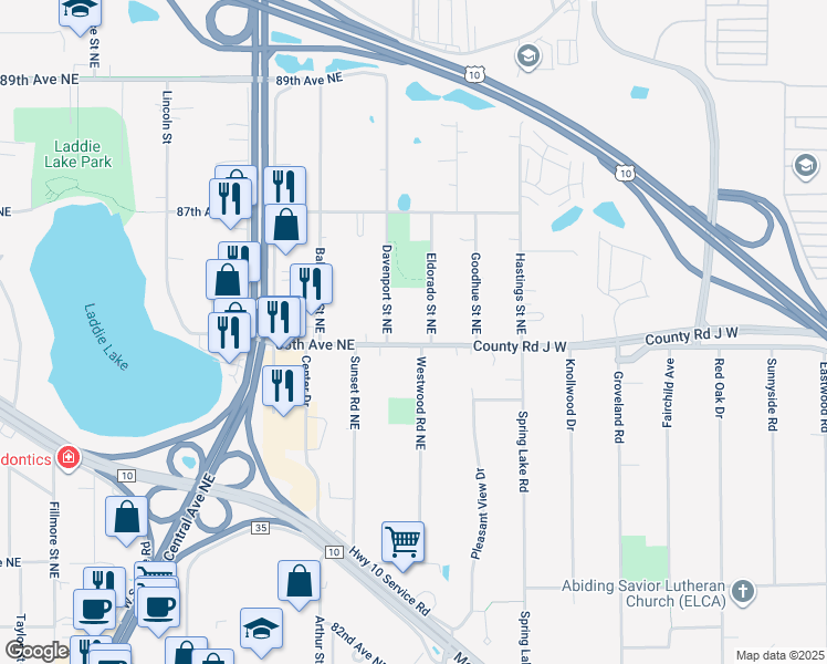 map of restaurants, bars, coffee shops, grocery stores, and more near 8496 Westwood Road Northeast in Fridley