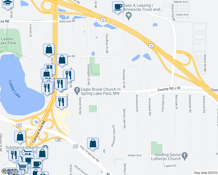 map of restaurants, bars, coffee shops, grocery stores, and more near 8500 Goodhue Street Northeast in Blaine