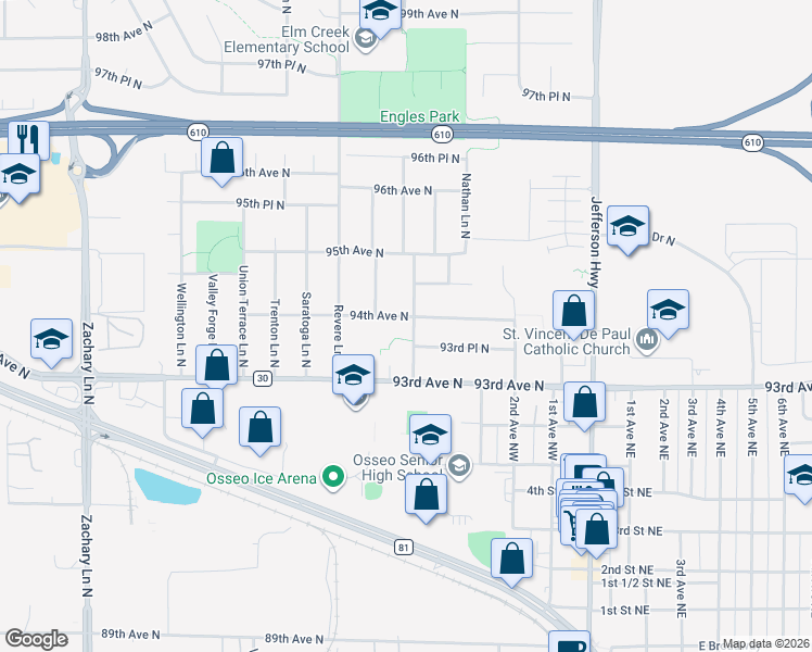 map of restaurants, bars, coffee shops, grocery stores, and more near 10105 94th Avenue North in Maple Grove
