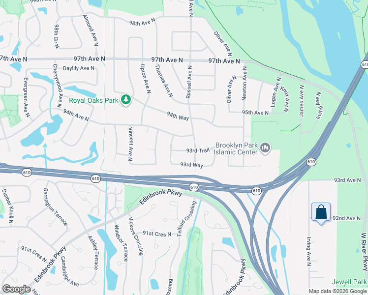 map of restaurants, bars, coffee shops, grocery stores, and more near 2514 93rd Trail in Minneapolis