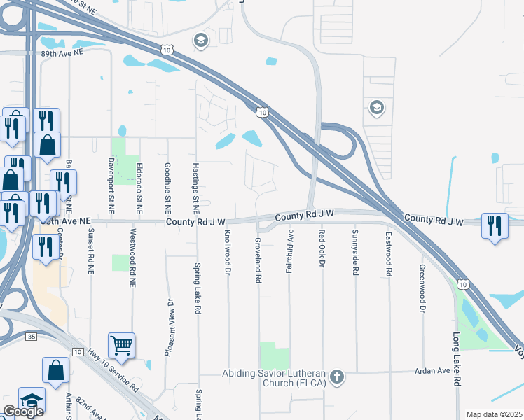 map of restaurants, bars, coffee shops, grocery stores, and more near 2001 Long Lake Road in Mounds View