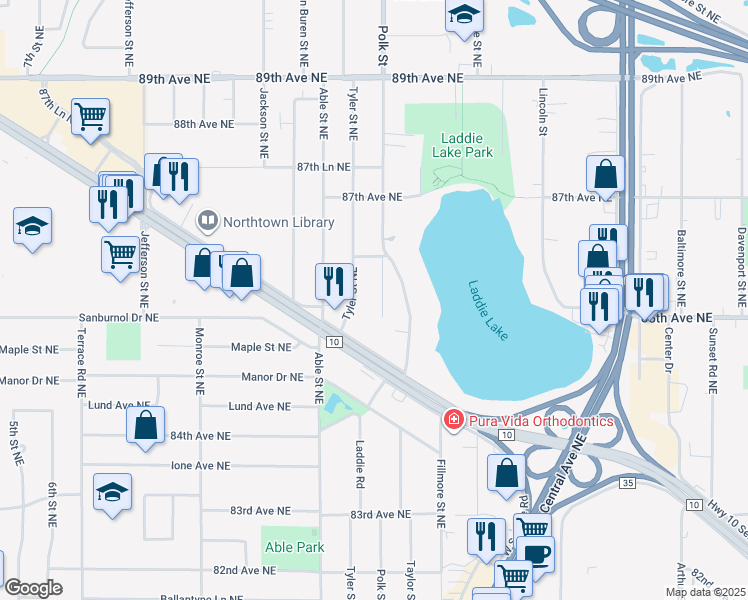 map of restaurants, bars, coffee shops, grocery stores, and more near 8512 Polk Street Northeast in Blaine