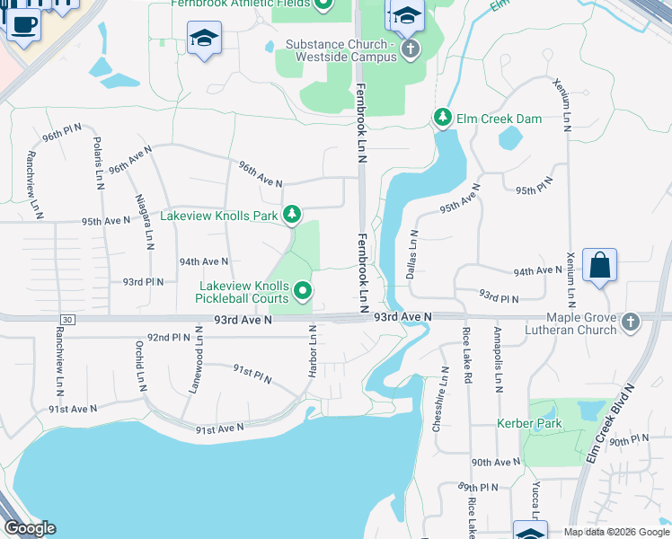 map of restaurants, bars, coffee shops, grocery stores, and more near City of Maple Grove Trails in Osseo