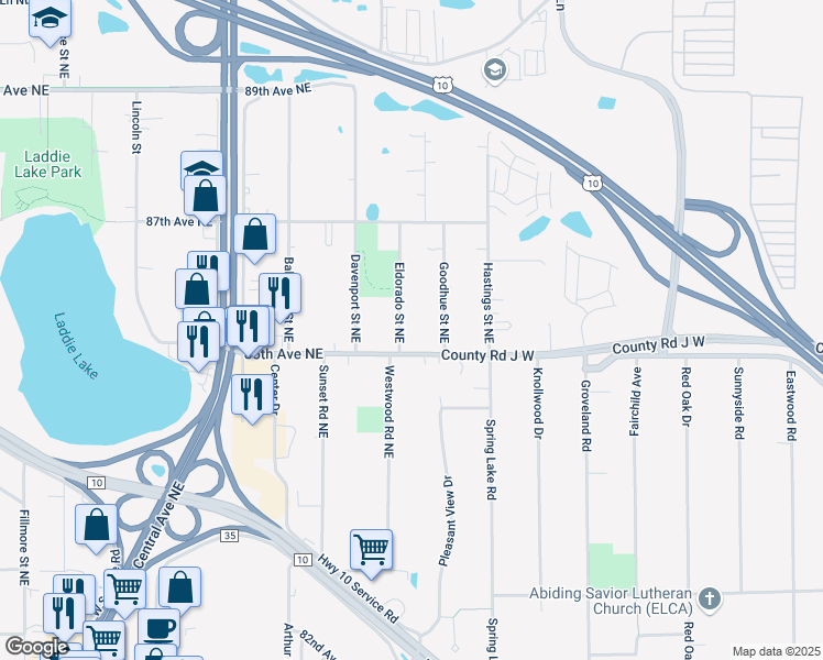 map of restaurants, bars, coffee shops, grocery stores, and more near 8505 Eldorado Street Northeast in Blaine