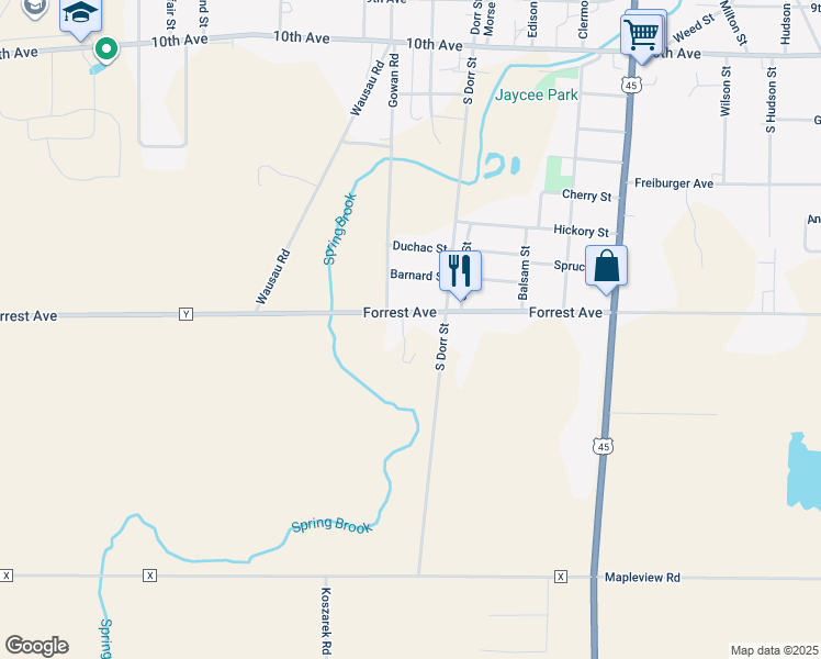 map of restaurants, bars, coffee shops, grocery stores, and more near 1047 Forrest Avenue in Antigo
