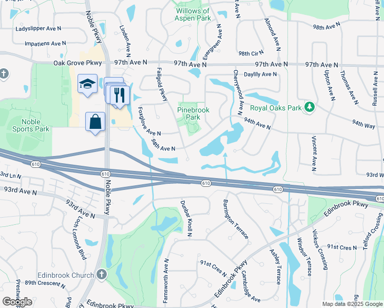 map of restaurants, bars, coffee shops, grocery stores, and more near 3725 94th Court North in Minneapolis