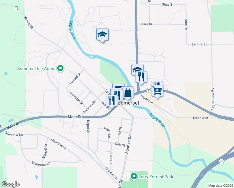 map of restaurants, bars, coffee shops, grocery stores, and more near 111 River Street in Somerset