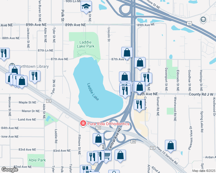 map of restaurants, bars, coffee shops, grocery stores, and more near 8557 Lincoln Street in Blaine