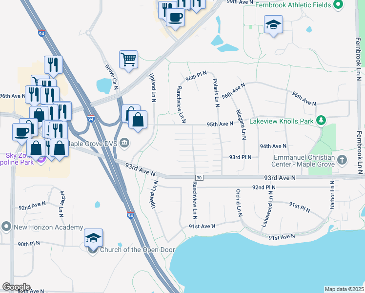 map of restaurants, bars, coffee shops, grocery stores, and more near 9435 Ranchview Lane North in Maple Grove