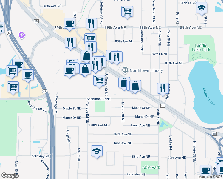 map of restaurants, bars, coffee shops, grocery stores, and more near 634 County Highway 10 in Blaine