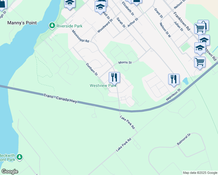 map of restaurants, bars, coffee shops, grocery stores, and more near 118 Barclay Street in Carleton Place