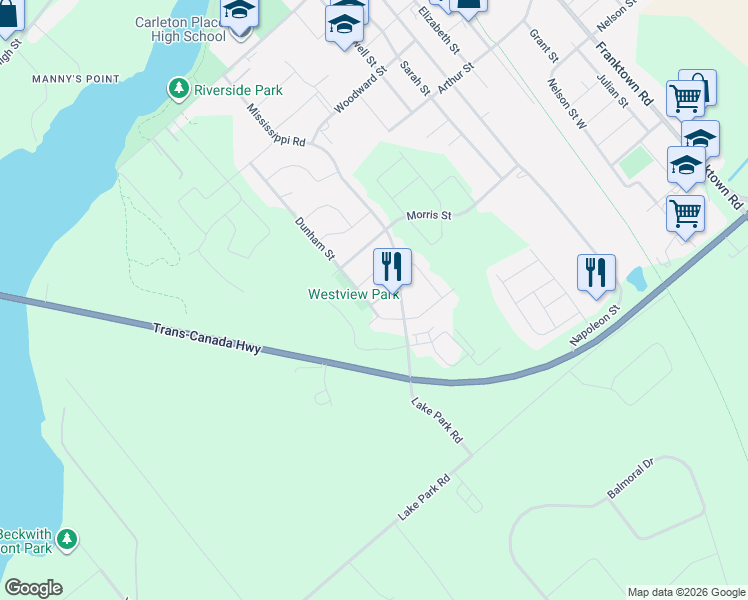 map of restaurants, bars, coffee shops, grocery stores, and more near 118 Barclay Street in Carleton Place