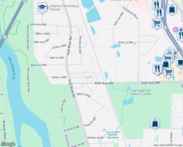 map of restaurants, bars, coffee shops, grocery stores, and more near 691 85th Lane Northwest in Coon Rapids