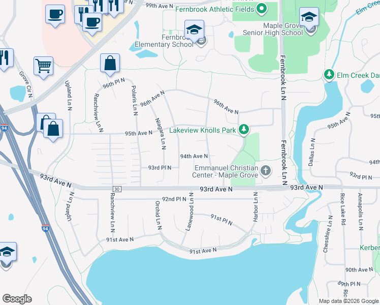 map of restaurants, bars, coffee shops, grocery stores, and more near 14915 94th Place North in Maple Grove