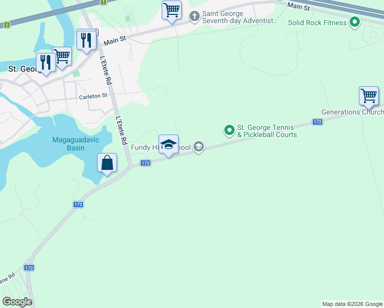 map of restaurants, bars, coffee shops, grocery stores, and more near 33 Mount Pleasant Road in Saint George