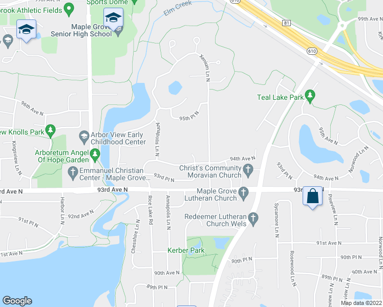 map of restaurants, bars, coffee shops, grocery stores, and more near 9766 Yucca Lane North in Maple Grove