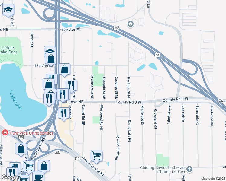 map of restaurants, bars, coffee shops, grocery stores, and more near 8531 Eldorado Street Northeast in Blaine