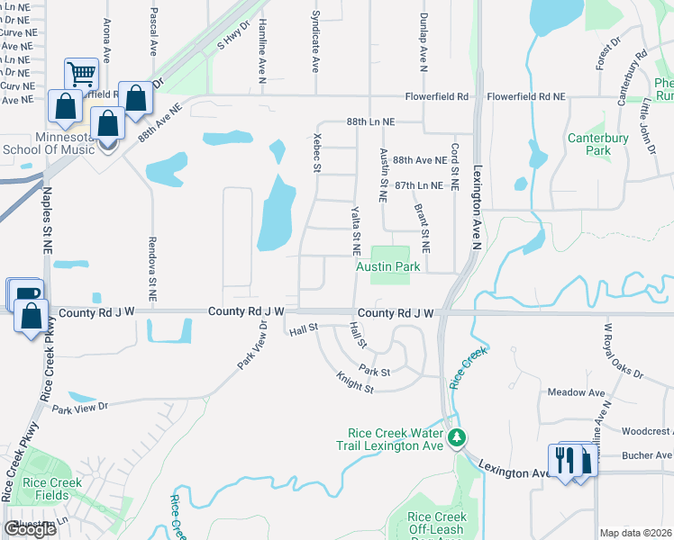 map of restaurants, bars, coffee shops, grocery stores, and more near 8586 Yalta Lane in Circle Pines