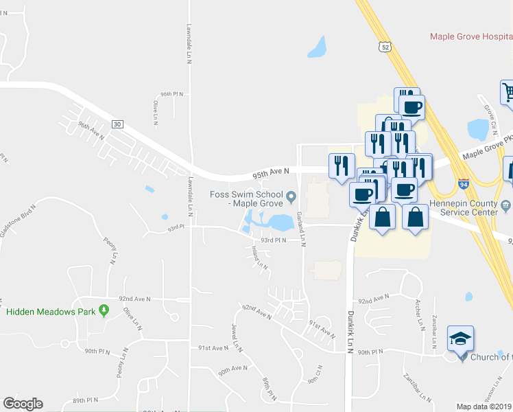 map of restaurants, bars, coffee shops, grocery stores, and more near 9428 Jewel Lane North in Osseo