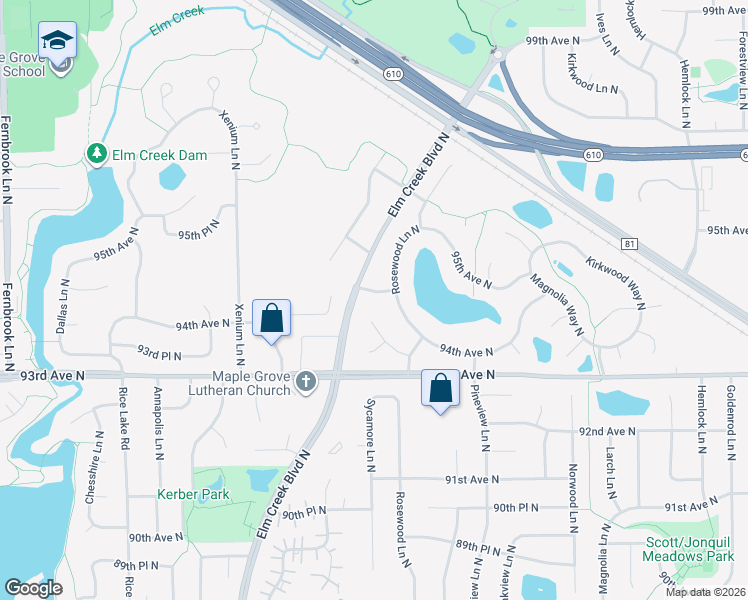 map of restaurants, bars, coffee shops, grocery stores, and more near 9429 Rosewood Lane North in Maple Grove