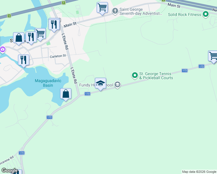 map of restaurants, bars, coffee shops, grocery stores, and more near 33 Mount Pleasant Road in St. George