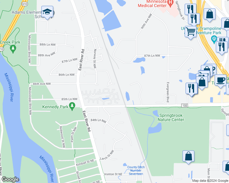 map of restaurants, bars, coffee shops, grocery stores, and more near 611 85th Lane Northwest in Coon Rapids