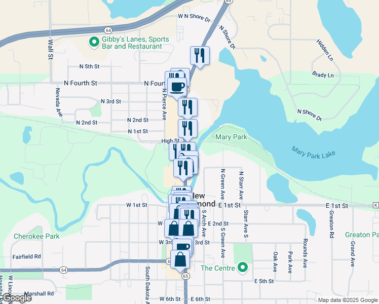 map of restaurants, bars, coffee shops, grocery stores, and more near 348 North Knowles Avenue in New Richmond