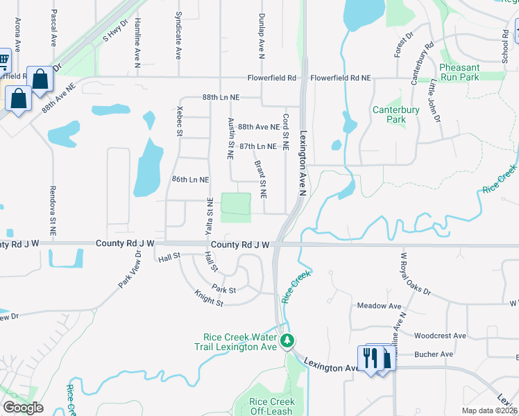 map of restaurants, bars, coffee shops, grocery stores, and more near 4069 85th Lane Northeast in Circle Pines