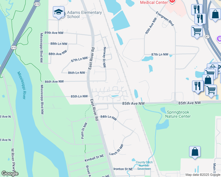 map of restaurants, bars, coffee shops, grocery stores, and more near 691 85th Lane Northwest in Coon Rapids