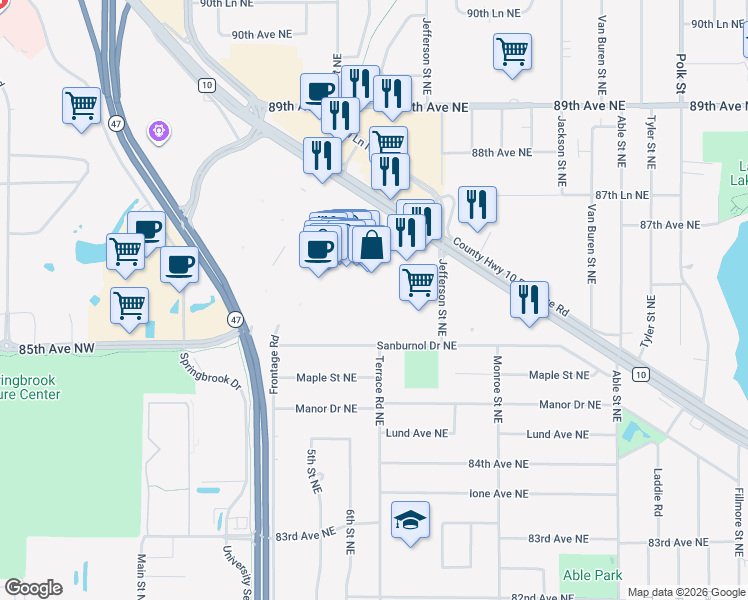 map of restaurants, bars, coffee shops, grocery stores, and more near 595 Northtown Drive Northeast in Blaine