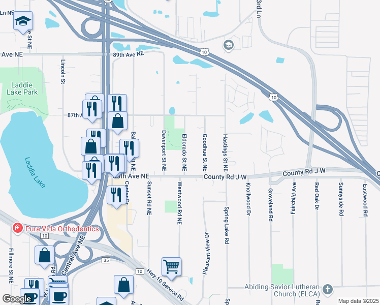 map of restaurants, bars, coffee shops, grocery stores, and more near 8531 Eldorado Street Northeast in Blaine