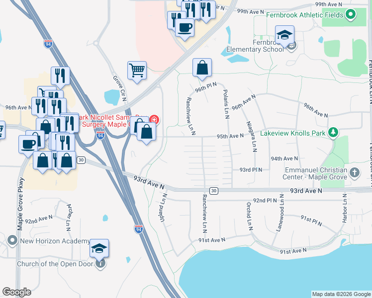 map of restaurants, bars, coffee shops, grocery stores, and more near 9491 Ranchview Lane North in Maple Grove