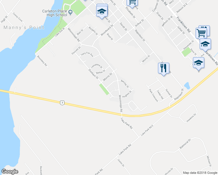 map of restaurants, bars, coffee shops, grocery stores, and more near 118 Barclay Street in Carleton Place