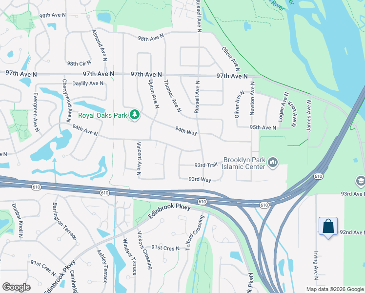 map of restaurants, bars, coffee shops, grocery stores, and more near 2618 94th Avenue North in Minneapolis