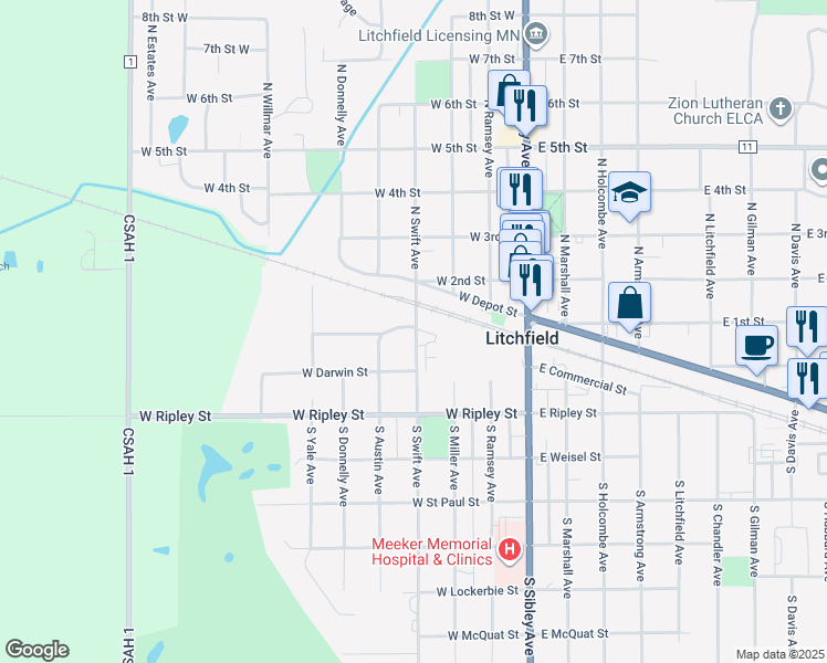 map of restaurants, bars, coffee shops, grocery stores, and more near 309 Evergreen Park Boulevard in Litchfield