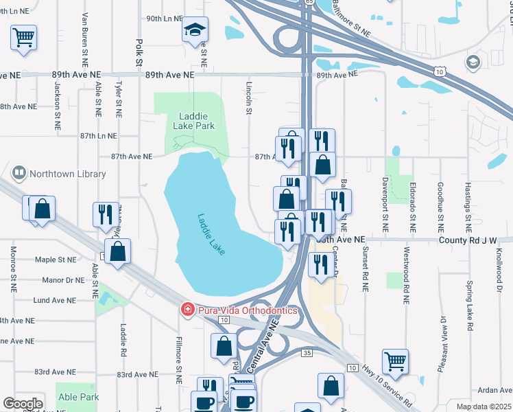 map of restaurants, bars, coffee shops, grocery stores, and more near 8557 Lincoln Street in Blaine