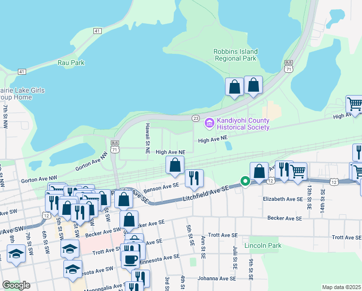 map of restaurants, bars, coffee shops, grocery stores, and more near 208 Havana Street in Willmar