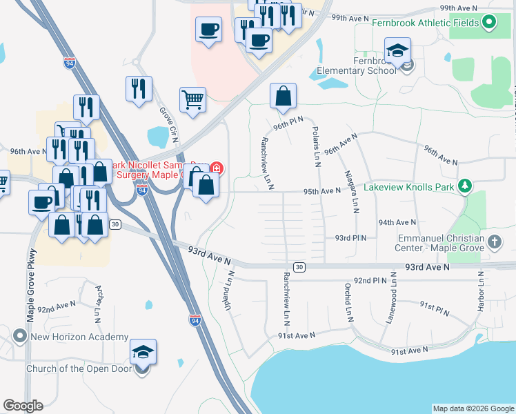 map of restaurants, bars, coffee shops, grocery stores, and more near 9491 Ranchview Lane North in Maple Grove
