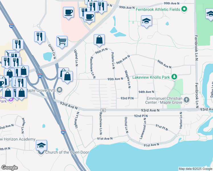 map of restaurants, bars, coffee shops, grocery stores, and more near 9488 Ranchview Lane North in Maple Grove