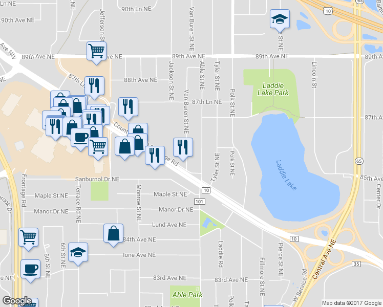 map of restaurants, bars, coffee shops, grocery stores, and more near 8577 Van Buren Street Northeast in Blaine