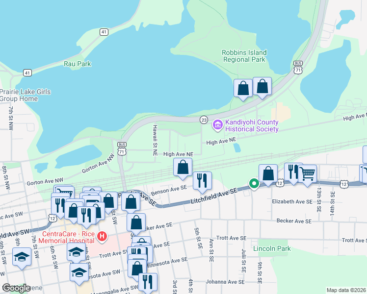 map of restaurants, bars, coffee shops, grocery stores, and more near 208 Havana Street in Willmar