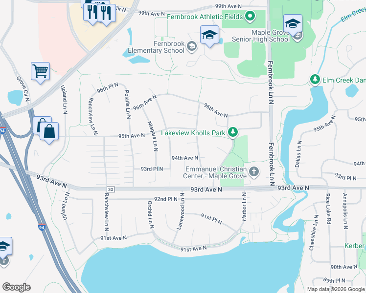 map of restaurants, bars, coffee shops, grocery stores, and more near 14915 94th Place North in Maple Grove