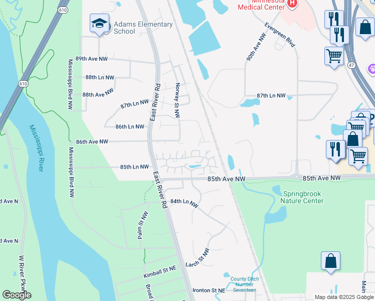 map of restaurants, bars, coffee shops, grocery stores, and more near 691 85th Lane Northwest in Coon Rapids