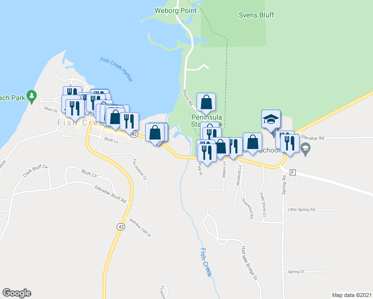 map of restaurants, bars, coffee shops, grocery stores, and more near 4054 Main Street in Fish Creek