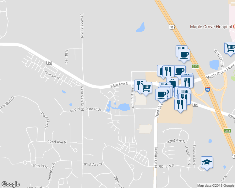 map of restaurants, bars, coffee shops, grocery stores, and more near 9477 Jewel Lane North in Osseo