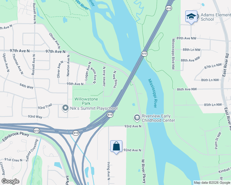 map of restaurants, bars, coffee shops, grocery stores, and more near 9466 Irving Avenue North in Minneapolis
